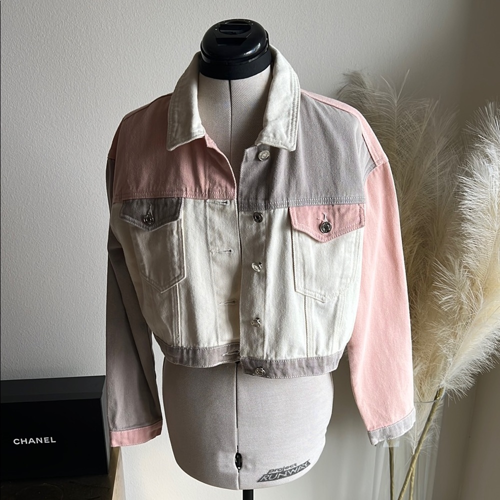 MISSGUIDED Pink White Grey Colorblock Cropped Denim Jean Jacket